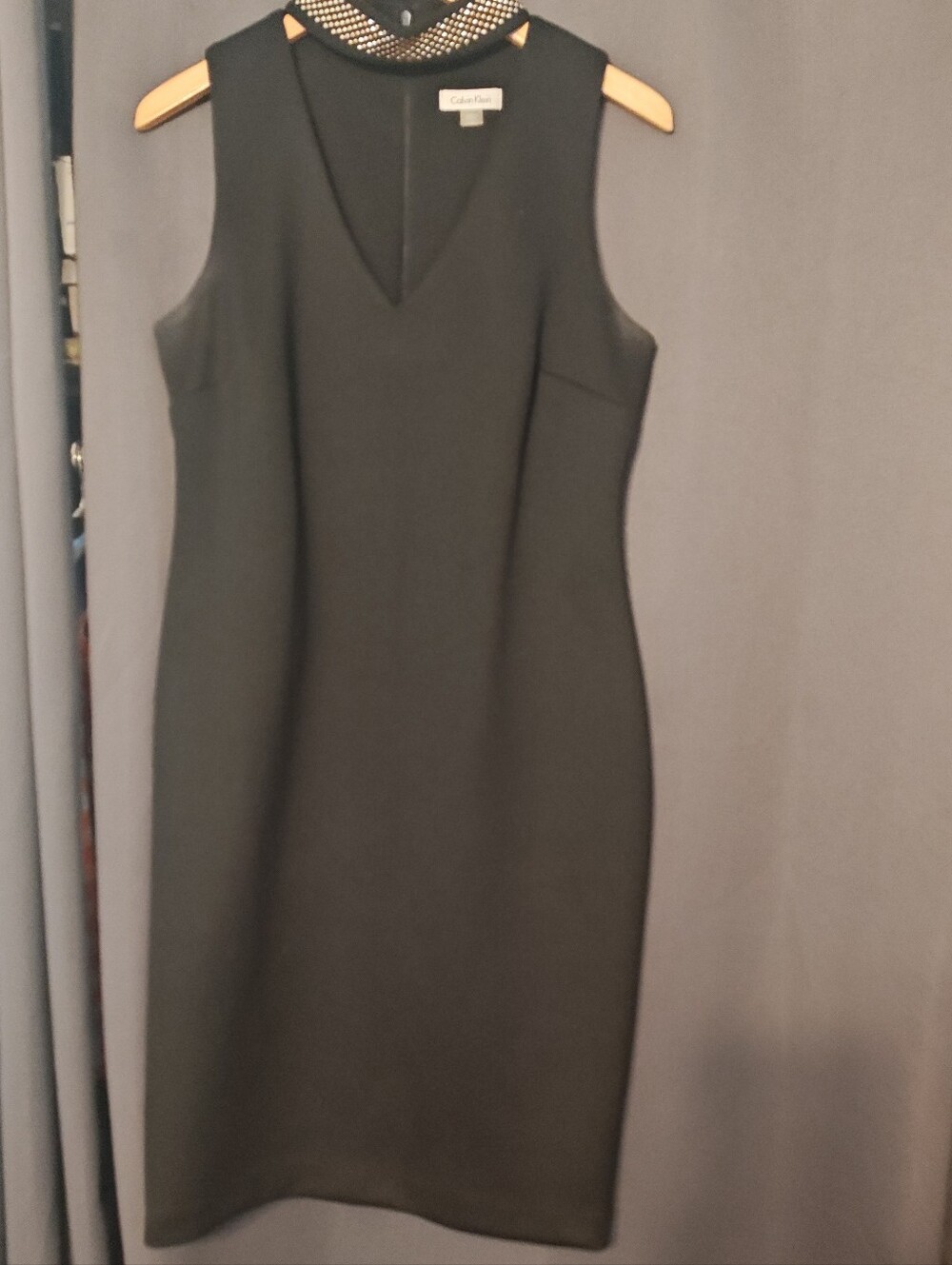 Calvin Klein Black Sleeveless V-Neck Sheath Dress With Gold Collar Trim